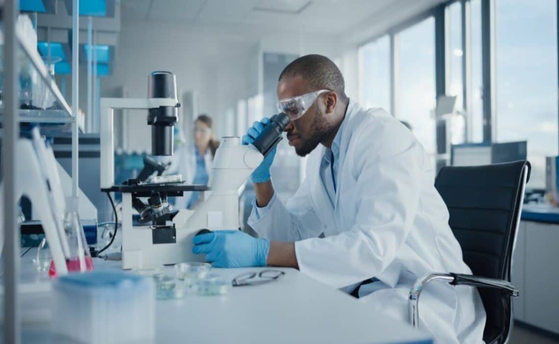 Researchers in a biotechnology laboratory