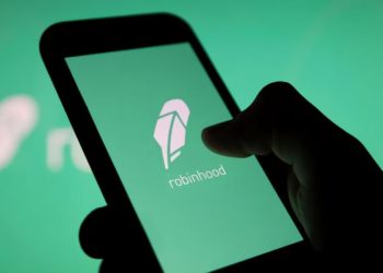 Hand holding phone with robinhood image