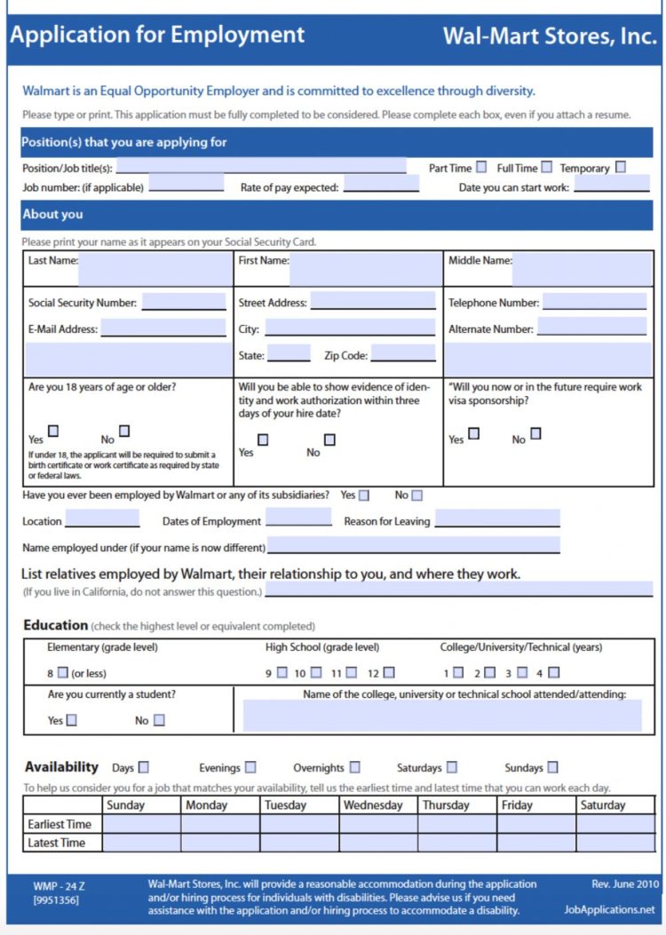 Walmart Job Application Information