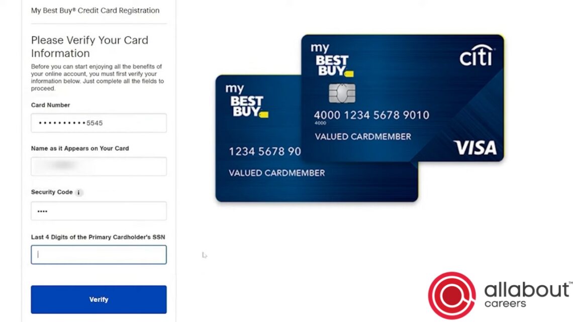 Best Buy credit card registration page with verification form shown next to store and Visa card images