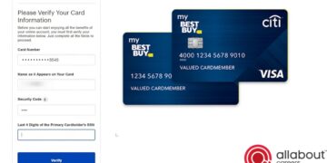 Best Buy credit card registration page with verification form shown next to store and Visa card images