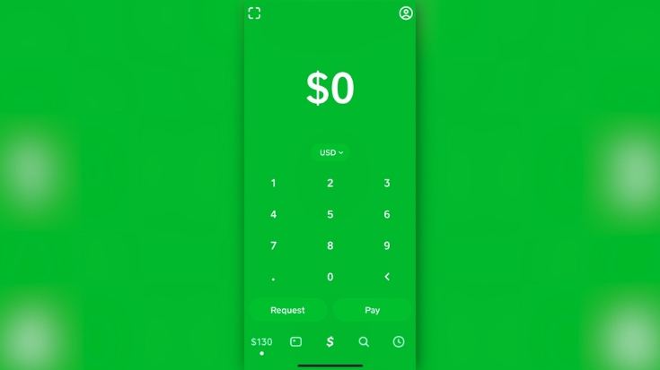 Cash App payment screen showing a $0 balance and keypad for sending or requesting money