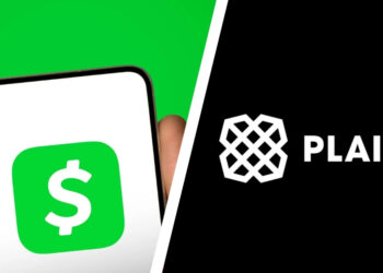 Cash App logo on a phone next to the Plaid logo on a black background