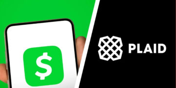 Cash App logo on a phone next to the Plaid logo on a black background