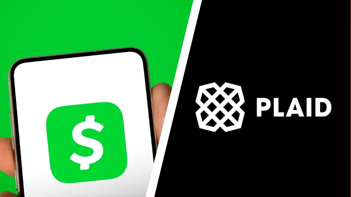 Cash App logo on a phone next to the Plaid logo on a black background