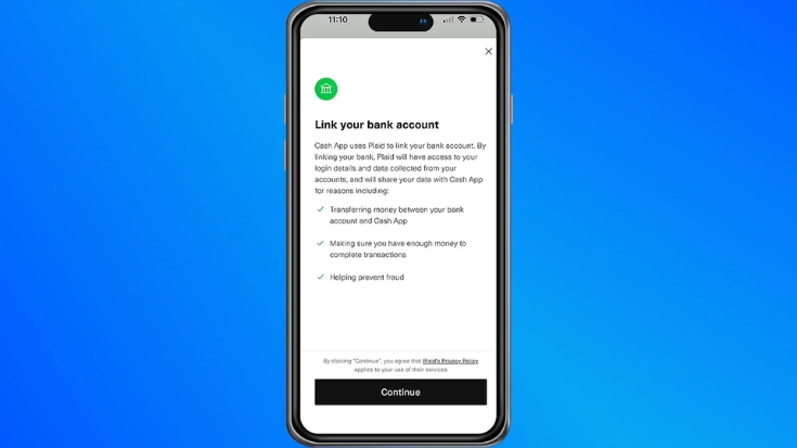Cash App screen asking the user to link a bank account through Plaid