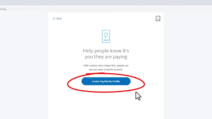 PayPal screen showing the option to create a PayPal.me profile