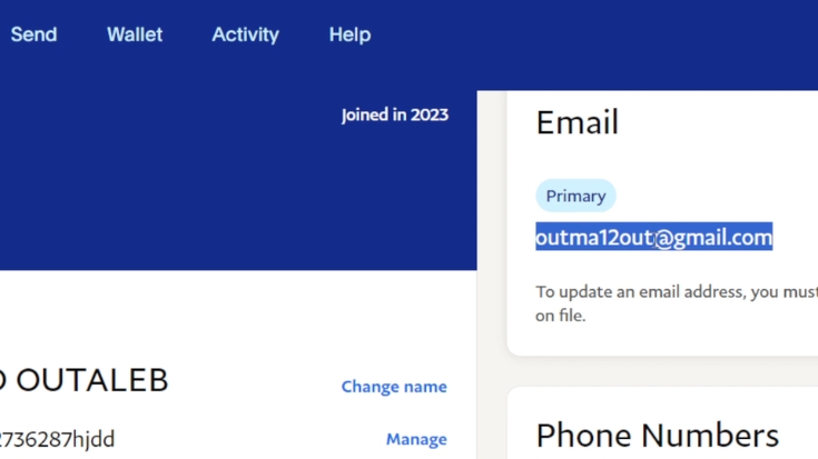 PayPal account settings page showing the primary email address used for the account