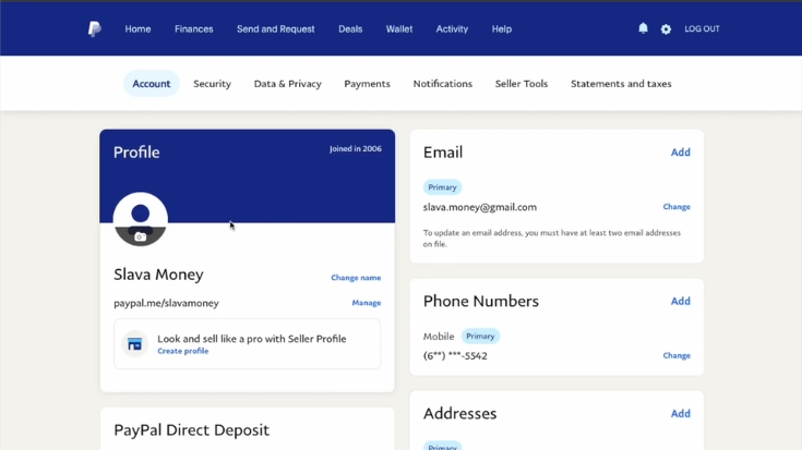 PayPal account profile page showing the user name and account details
