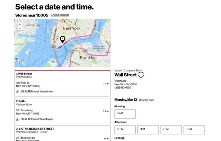 data and time appointment Verizon Store Near me