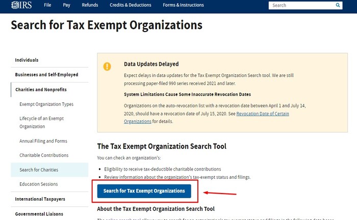 IRS charity search types