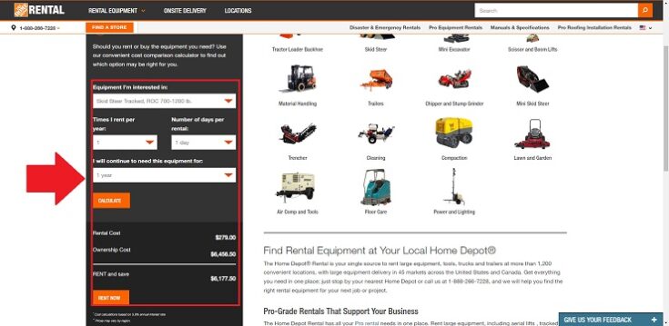 home depot rental equipment calculator price
