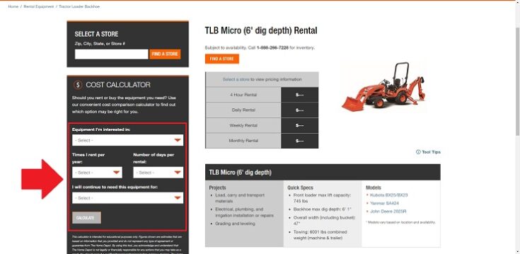 home depot rental equipment calculator