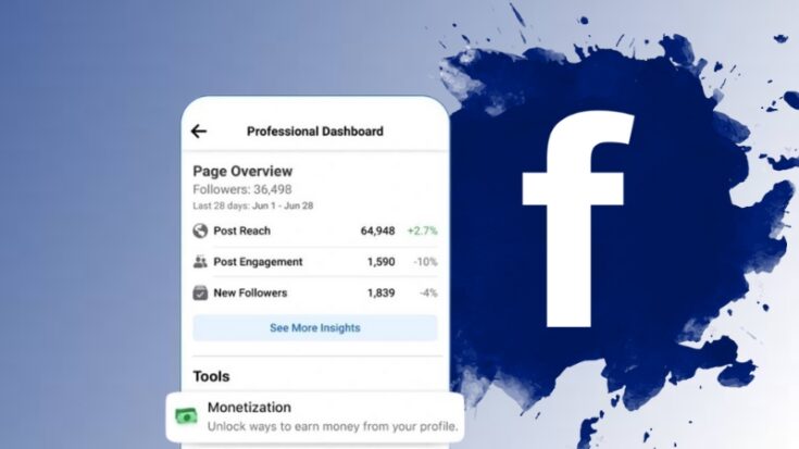 Facebook Professional Dashboard showing page reach, engagement, new followers, and monetization insights next to the Facebook logo